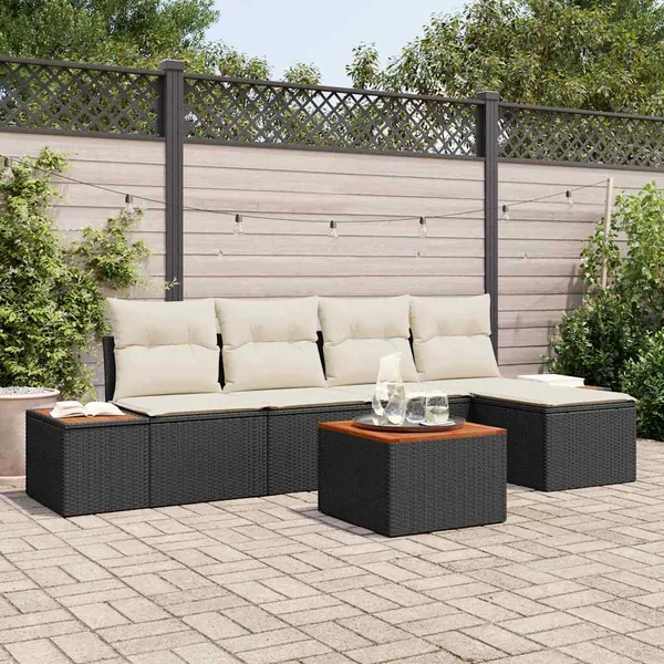 Ensemble de canapé de jardin 6 pcs Noir et Crème Polyrotin