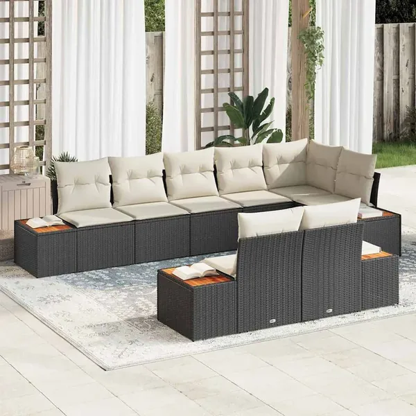 Ensemble de canapé de jardin 8 pcs Noir et Crème Polyrotin