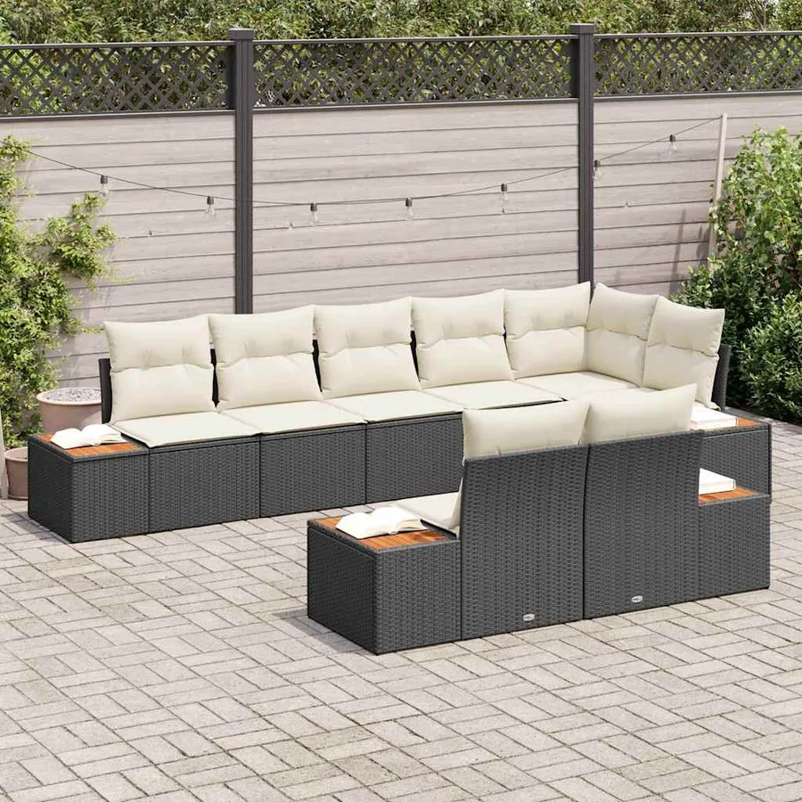 Ensemble de canapé de jardin 8 pcs Noir et Crème Polyrotin - 3