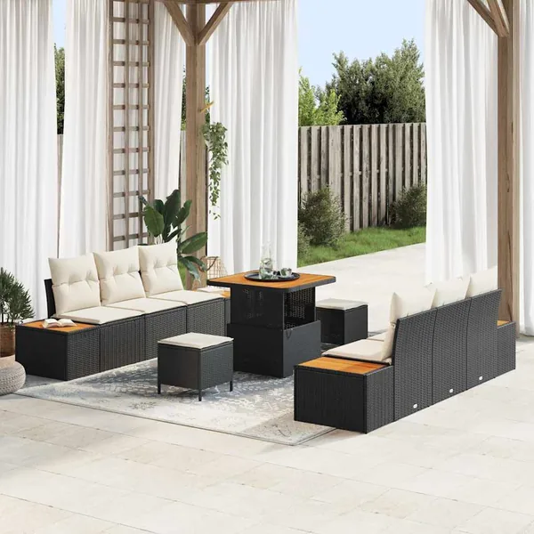 Ensemble de canapé de jardin avec coussin 9 pcs Noir Poly rotin
