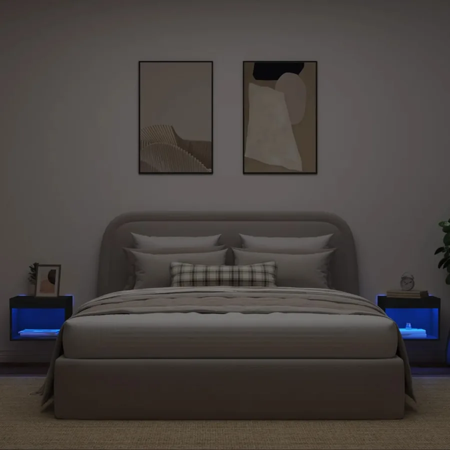 Tables de chevet murales avec lumières LED 2 pcs noir - 4