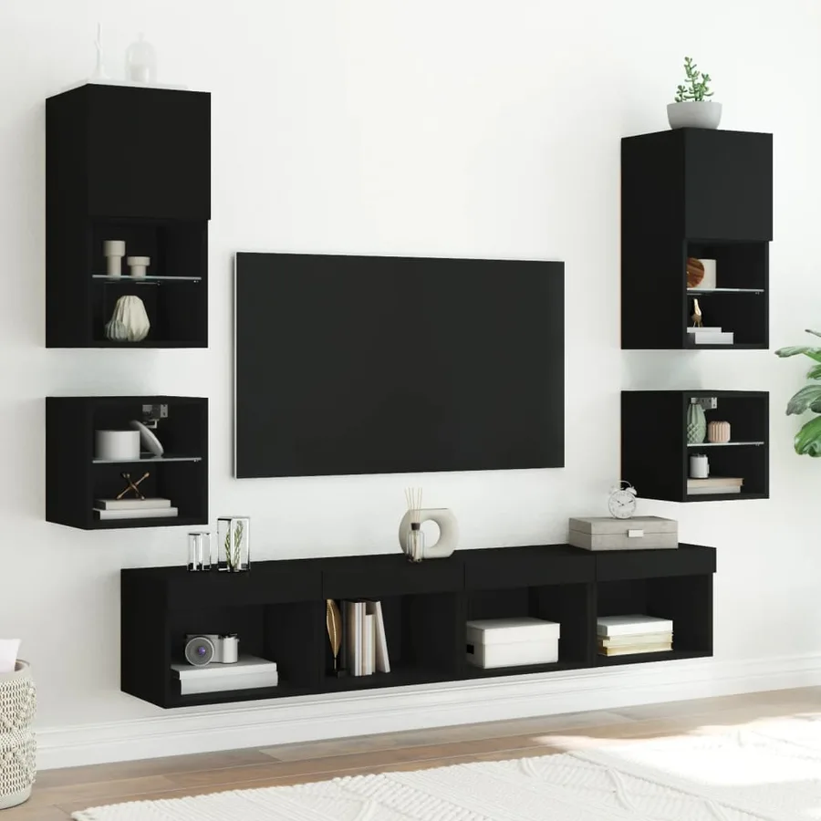 Tables de chevet murales avec lumières LED 2 pcs noir - 5
