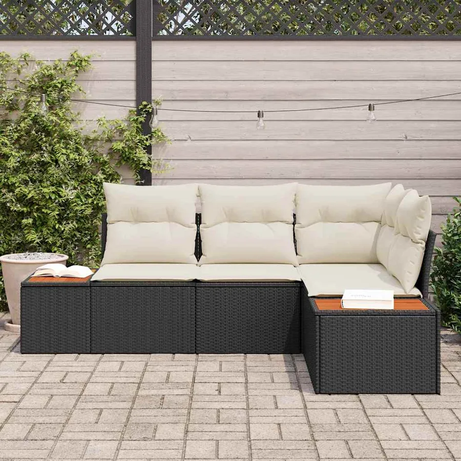 Ensemble de canapé de jardin 4 pcs Noir et Crème Polyrotin - 3