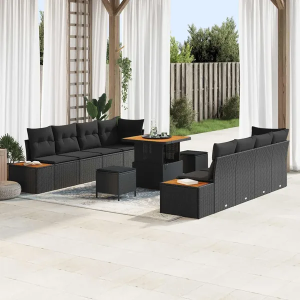 Ensemble de canapé de jardin 11 pcs Noir Poly rotin