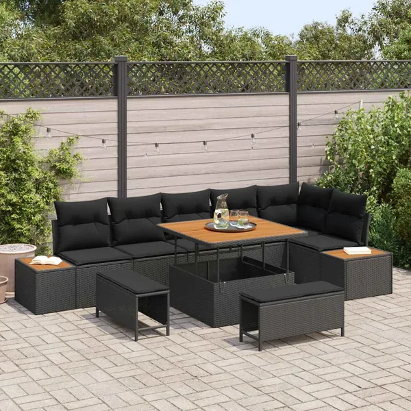 Ensemble de canapé de jardin avec coussin 9 pcs Noir Poly rotin
