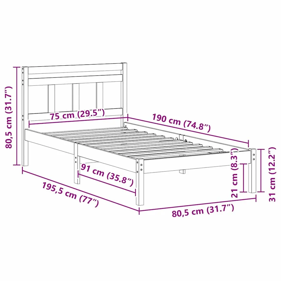 Cadre de lit Blanc 75 x 190 cm Pin massif - 8
