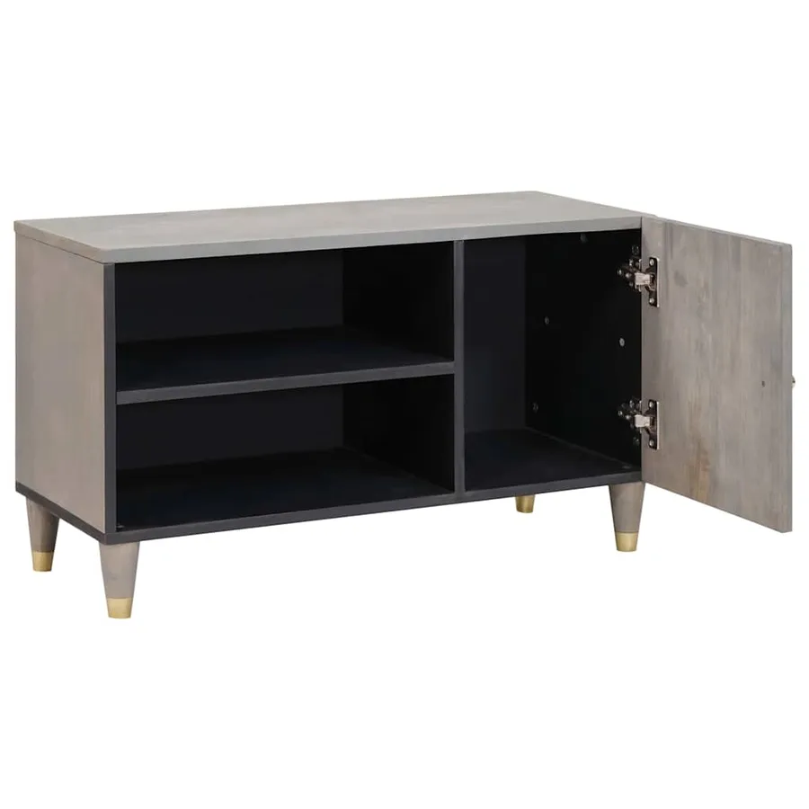 Meuble TV avec porte Gris 80 x 33 x 46 cm Bois de mangue massif - 2
