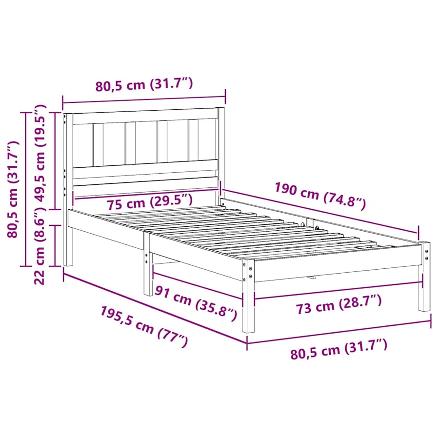 Cadre de lit avec tête de lit Brun cire 75 x 190 cm Pin massif - 9