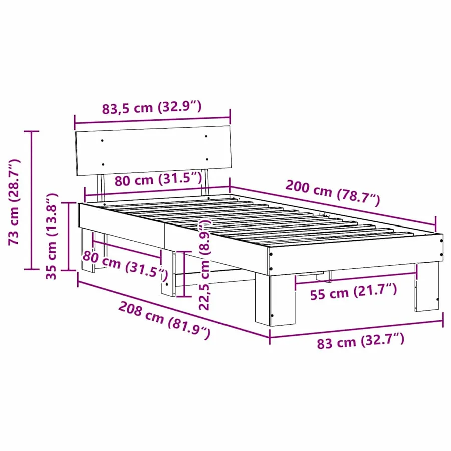 Cadre de lit avec tête de lit Brun cire 80 x 200 cm Pin massif - 8