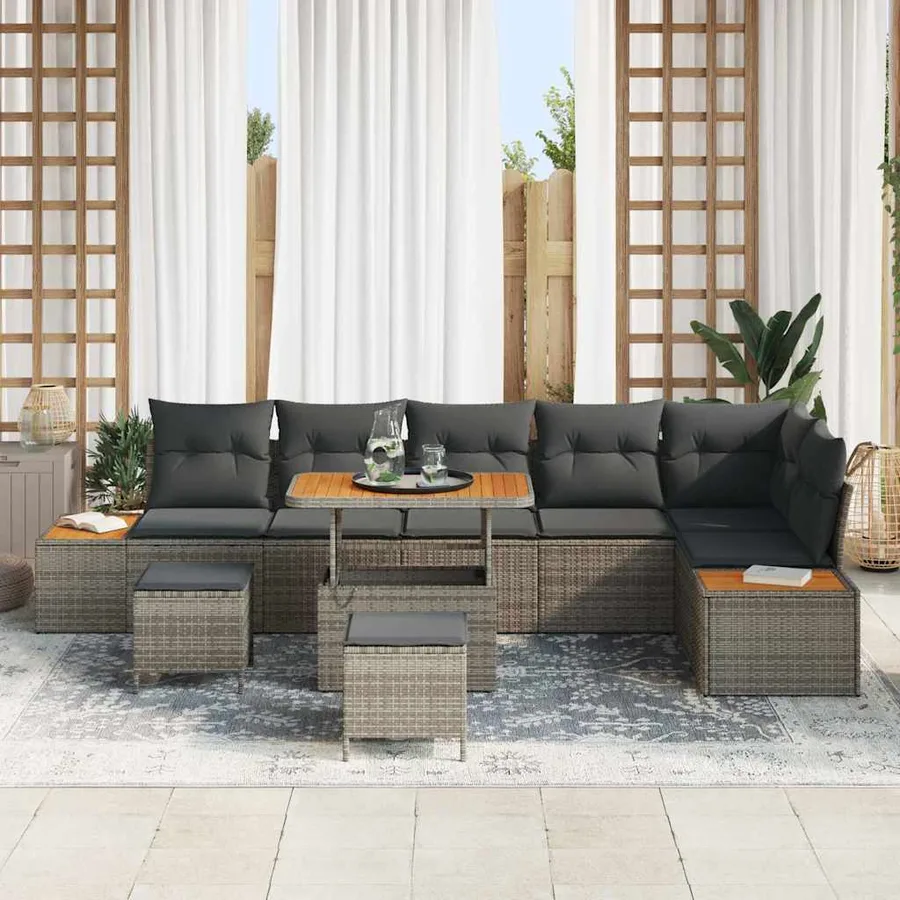 Ensemble de canapé de jardin avec coussin 9 pcs Gris Poly rotin - 3