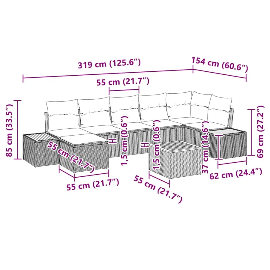 Ensemble de canapé de jardin avec coussin 8 pcs Gris Polyrotin - 15