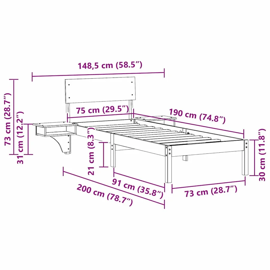 Cadre de lit avec tête de lit Brun cire 75 x 190 cm Pin massif - 11