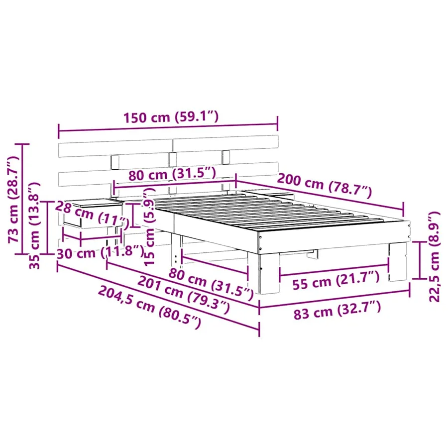 Cadre de lit avec tête de lit Brun cire 80 x 200 cm Pin massif - 11