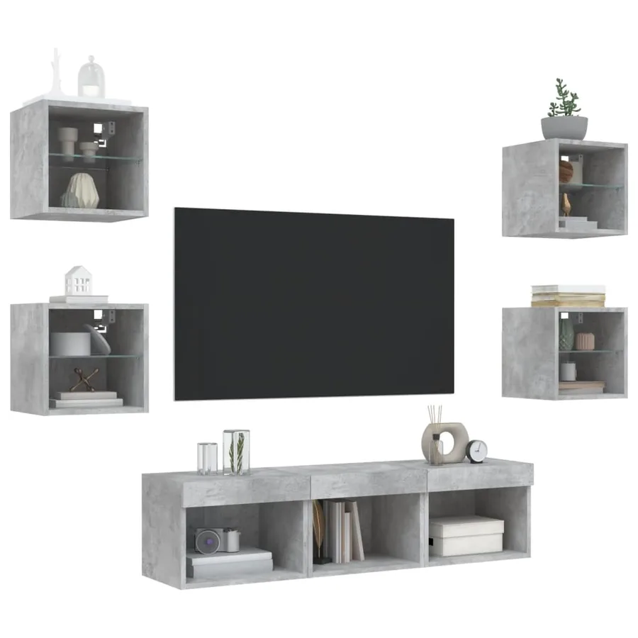 Unités murales TV avec LED 7 pcs gris béton bois d'ingénierie - 4