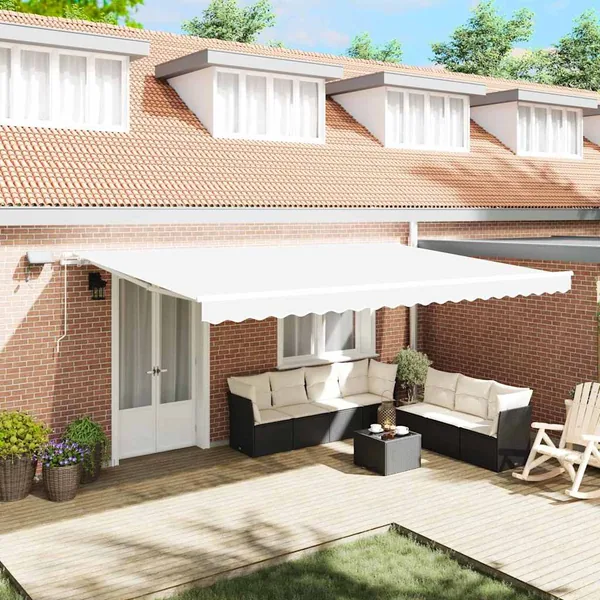 Auvent rétractable Blanc 500 × 300 cm Tissu et Aluminium