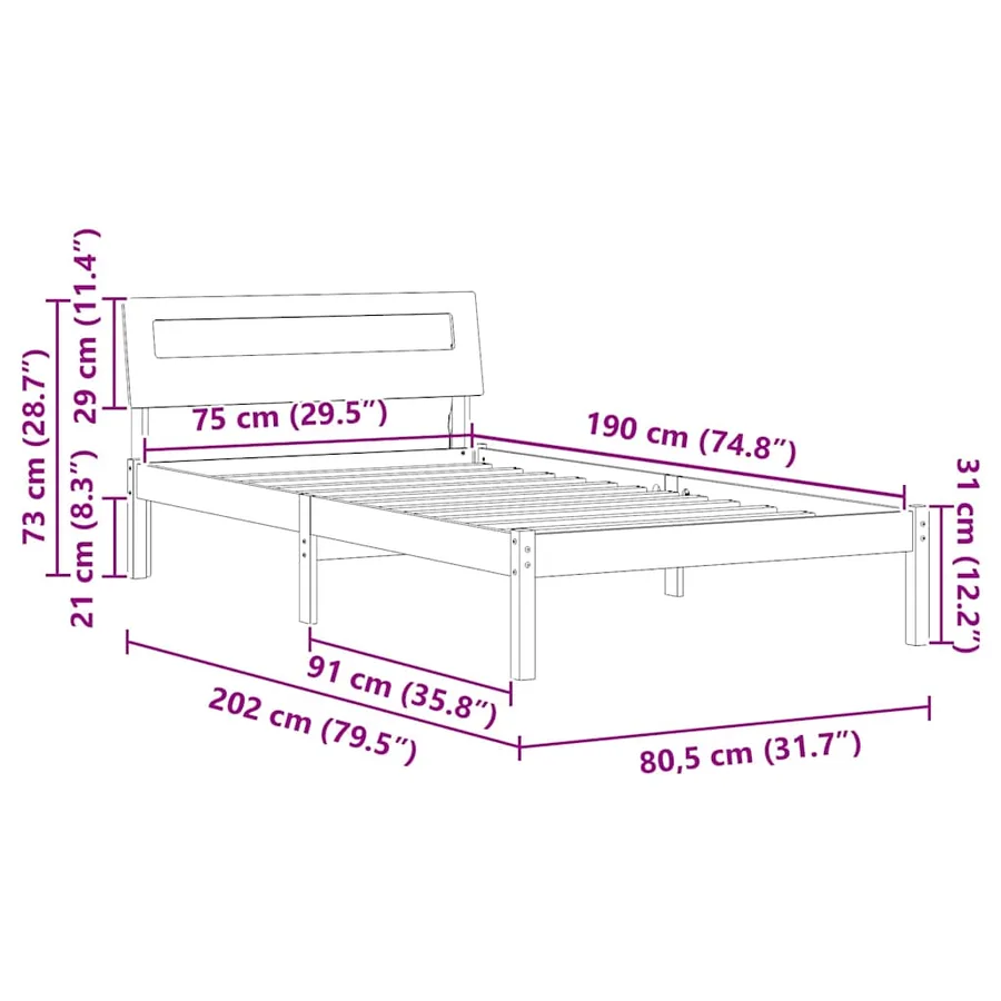 Cadre de lit avec tête de lit Brun cire 75 x 190 cm Pin massif - 11