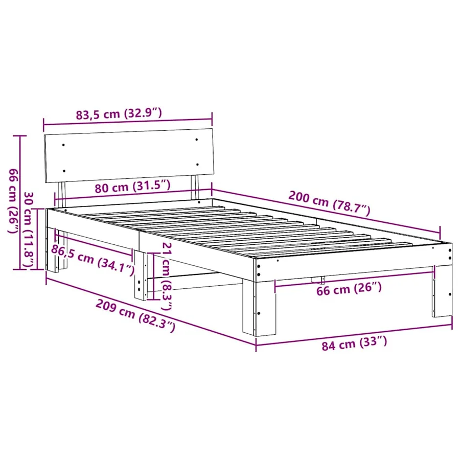 Cadre de lit avec tête de lit Naturel 80 x 200 cm Pin massif - 8