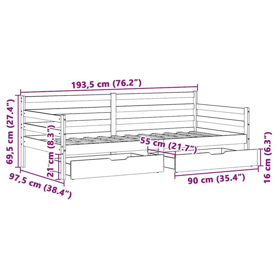 Lit de jour et tiroirs sans matelas blanc 90x190 cm bois massif - 12