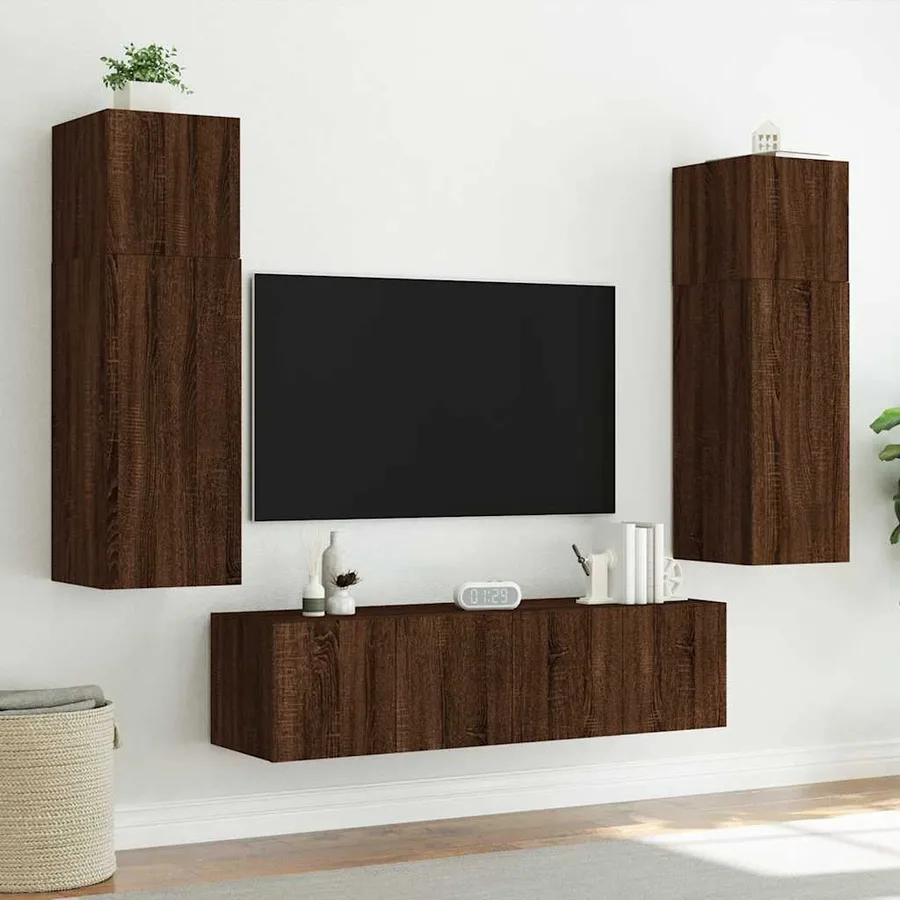 Meubles TV muraux lumières LED 2 pcs chêne marron 60x35x41 cm - 5