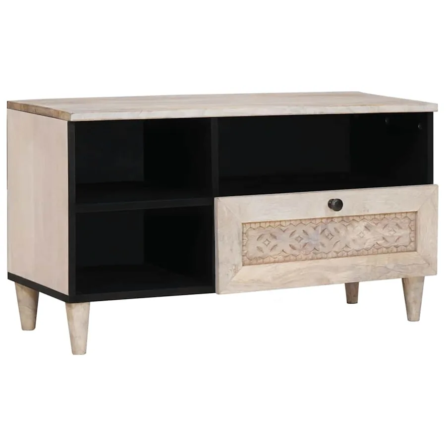 Meuble TV Blanc Blanchi 80 x 33 x 46 cm Bois de mangue massif