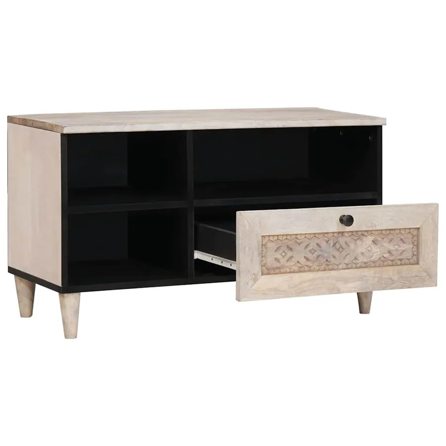 Meuble TV Blanc Blanchi 80 x 33 x 46 cm Bois de mangue massif - 2
