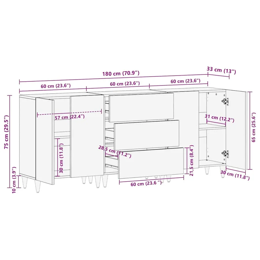 Buffet 3 pcs Blanc 180 x 33,5 x 75 cm bois de manguier massif - 14
