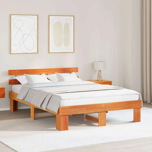 Cadre de lit avec tête de lit Brun cire 150 x 200 cm Pin massif
