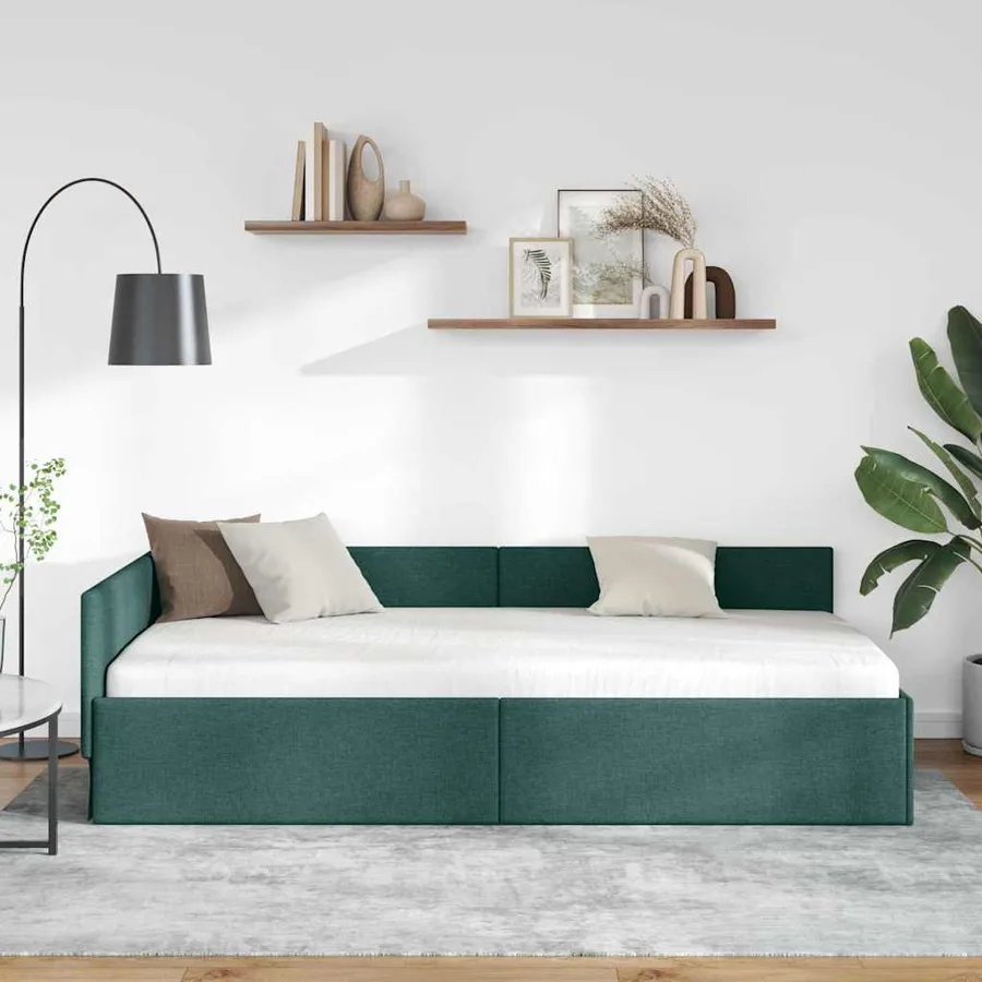Cadre de lit d'angle Vert foncé 90 cm x 200 cm tissu - 3