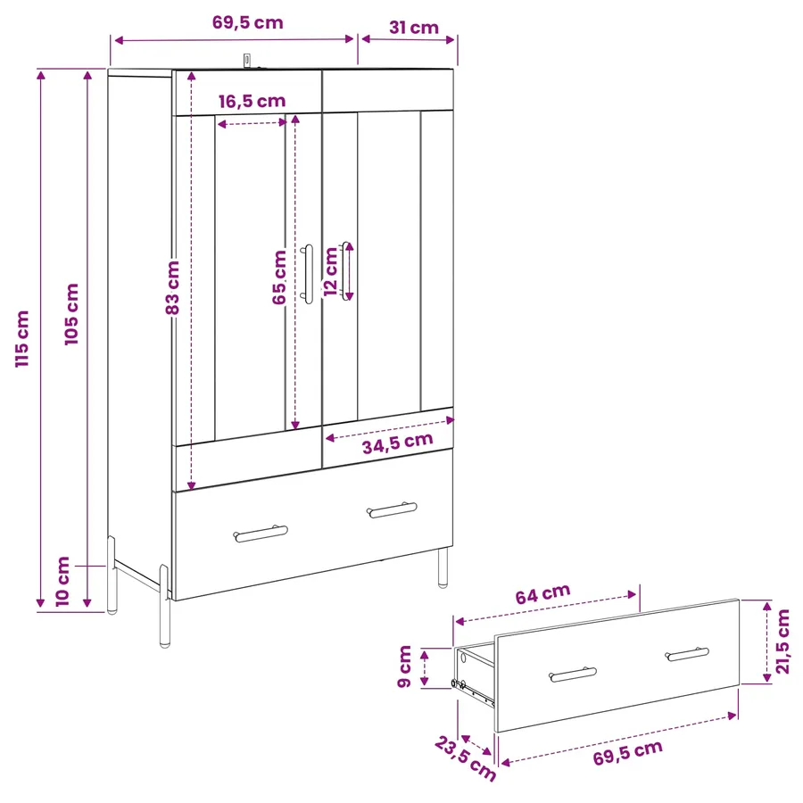 Haut Armoire CORONA Chêne artisanal 69,5 x 31 x 115 cm - 12