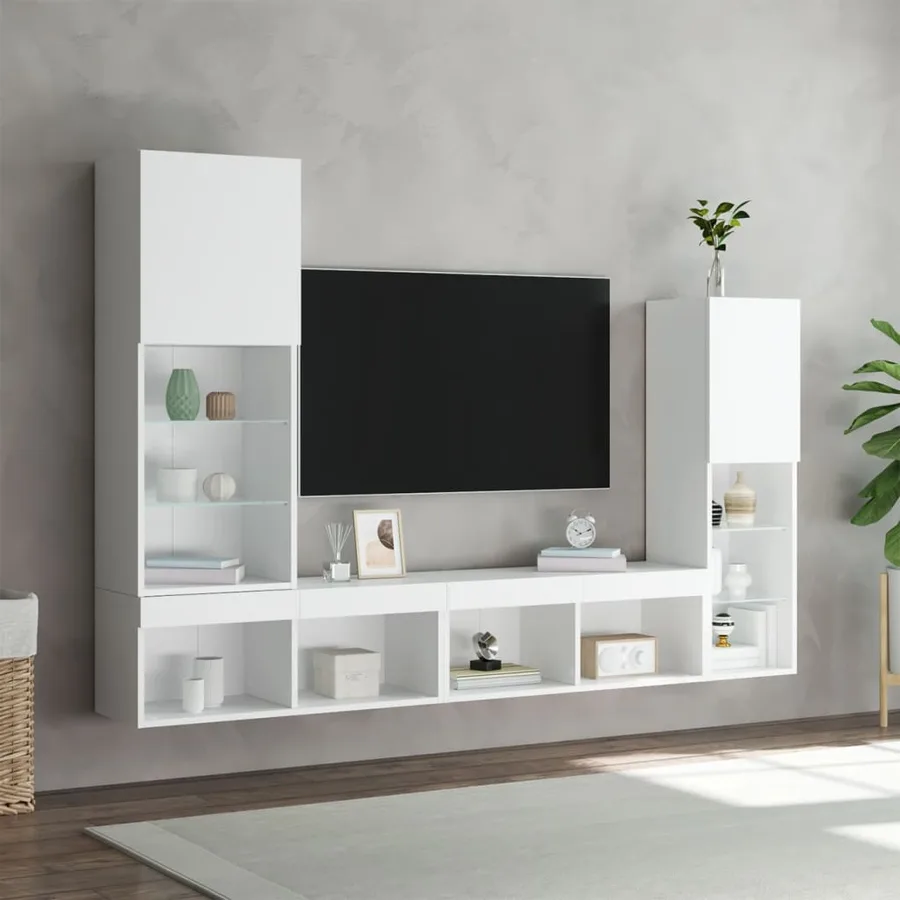 Unités murales TV avec LED 4 pcs blanc bois d'ingénierie - 4