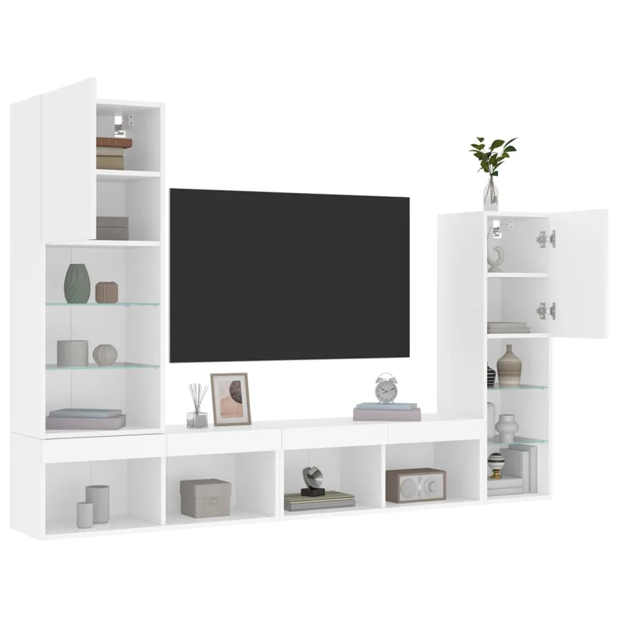 Unités murales TV avec LED 4 pcs blanc bois d'ingénierie - 5