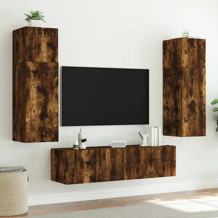 Meubles TV muraux et lumières LED 2pcs chêne fumé 80x35x31 cm - 5