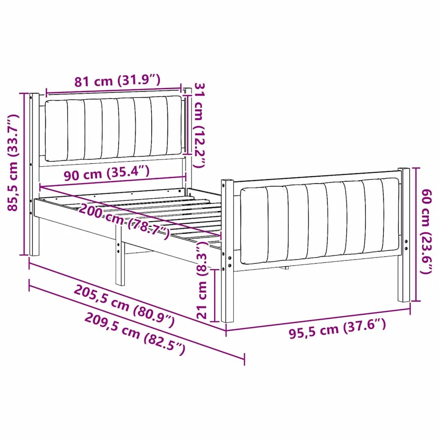 Cadre de lit Blanc et gris clair 90 x 200 cm Bois massif en pin - 11