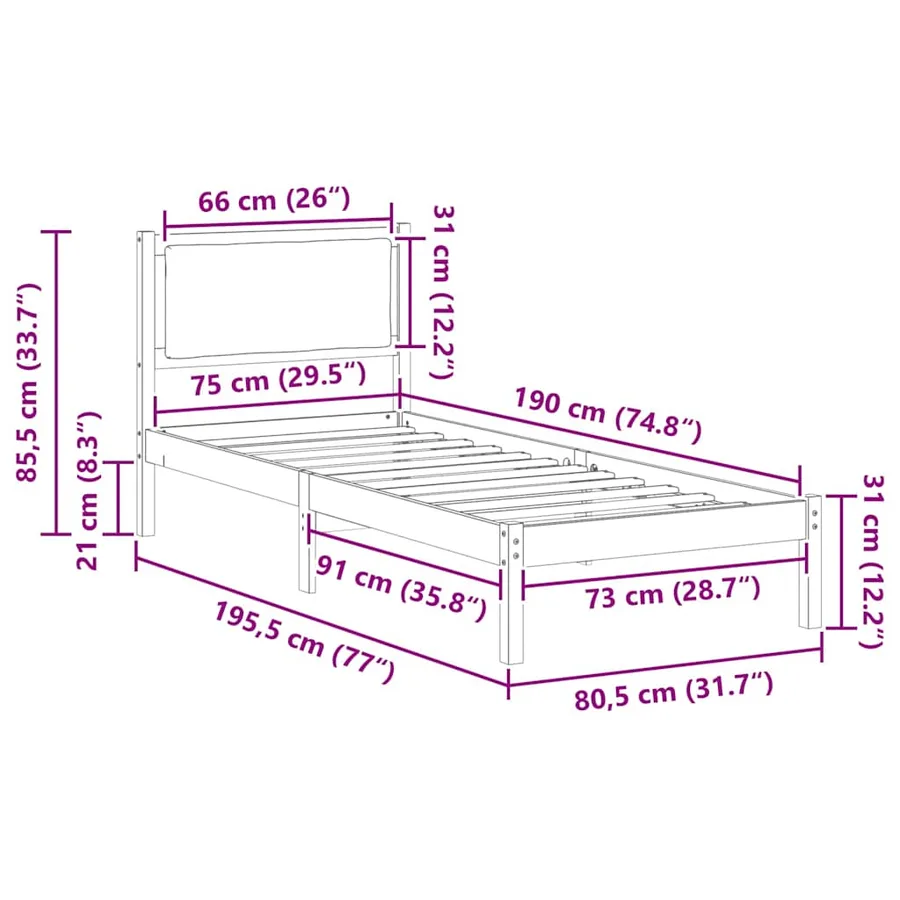 Cadre de lit avec tête de lit Noir 80 x 190 cm Pin massif - 11
