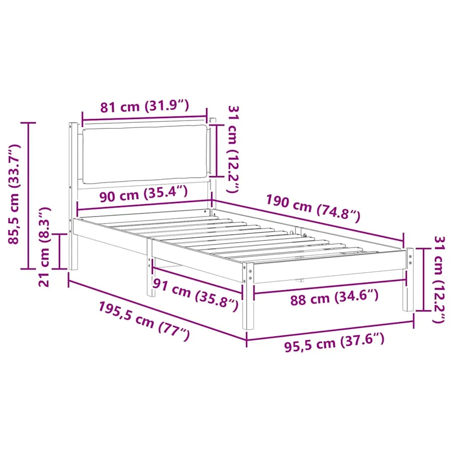 Cadre de lit avec tête de lit Gris clair 90 x 190 cm Pin massif - 11
