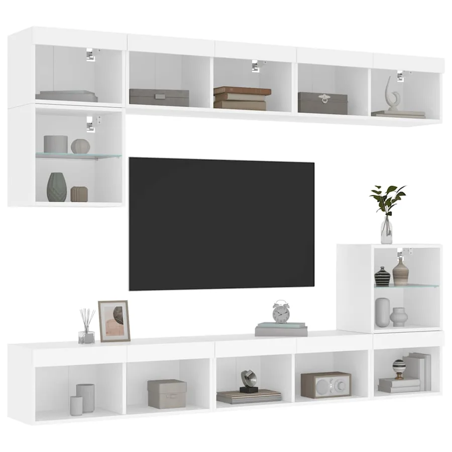 Unités murales TV avec LED 8 pcs blanc bois d'ingénierie - 5