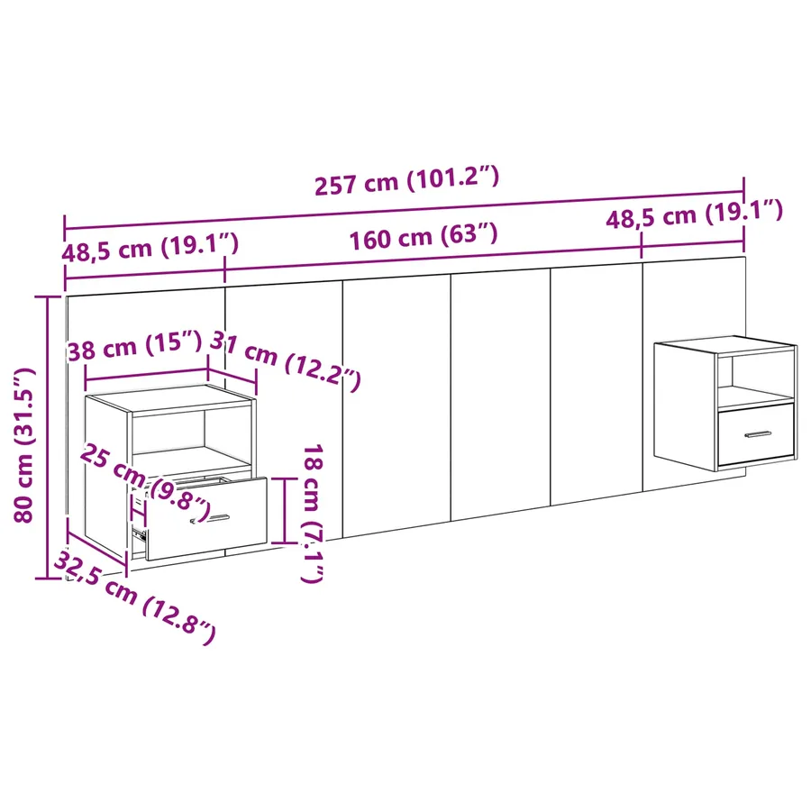 Tête de lit avec armoire 3 pcs Chêne artisanal - 16