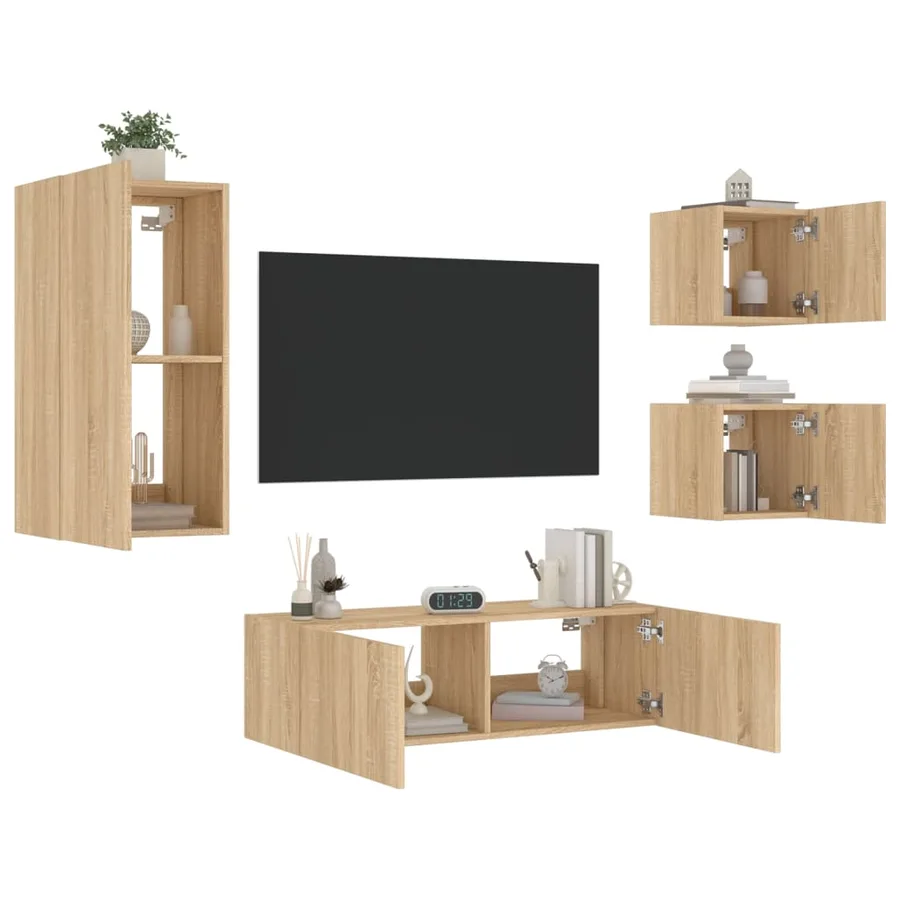 Meuble TV muraux 4 pcs avec lumières LED chêne sonoma - 4