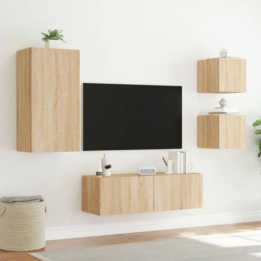 Meuble TV muraux 4 pcs avec lumières LED chêne sonoma - 5