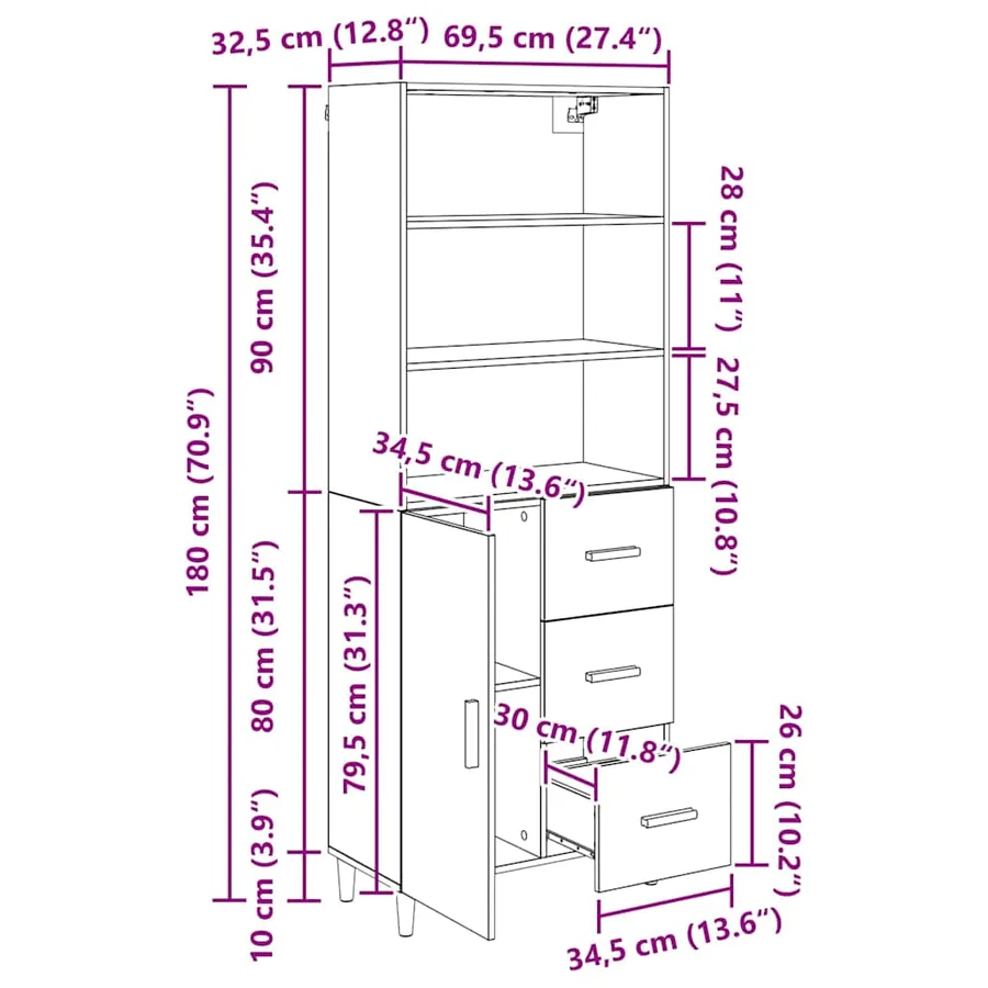 Haut Armoire Chêne noir 69,5 x 32,5 x 180 cm Bois d'ingénierie - 14