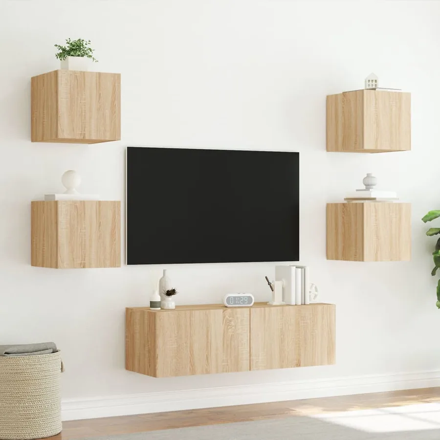Meuble TV muraux 5 pcs avec lumières LED chêne sonoma - 4