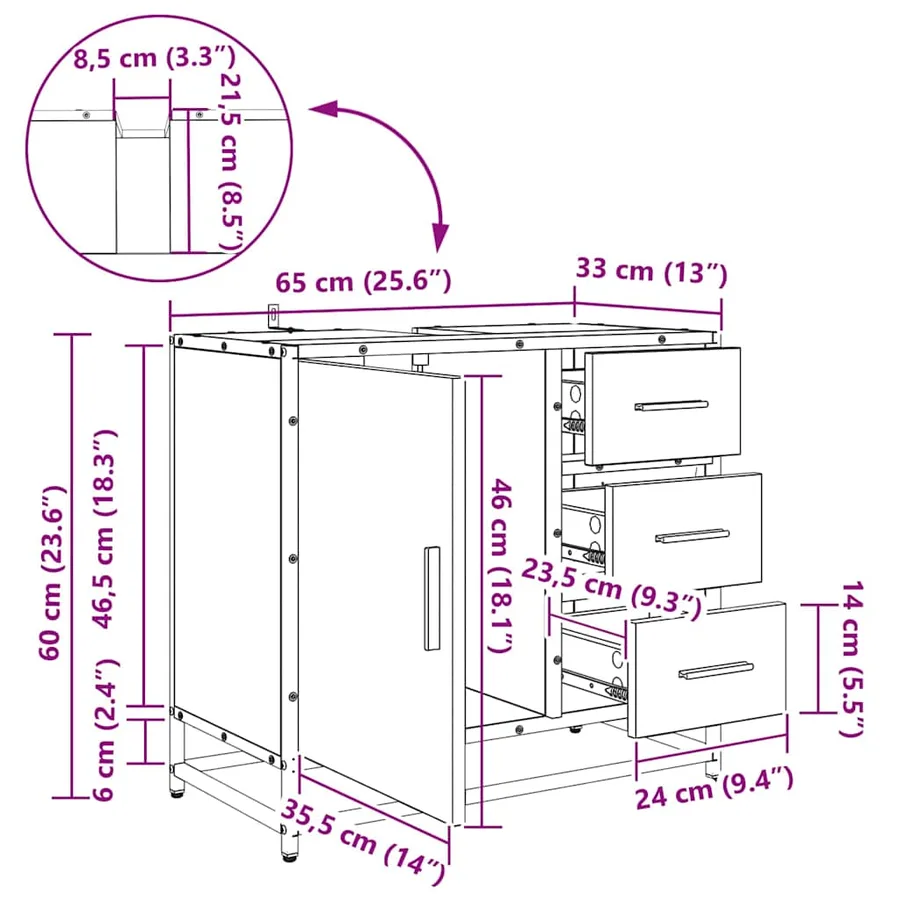 Cabinet de salle de bain Chêne artisanal 65 x 33 x 60 cm - 16