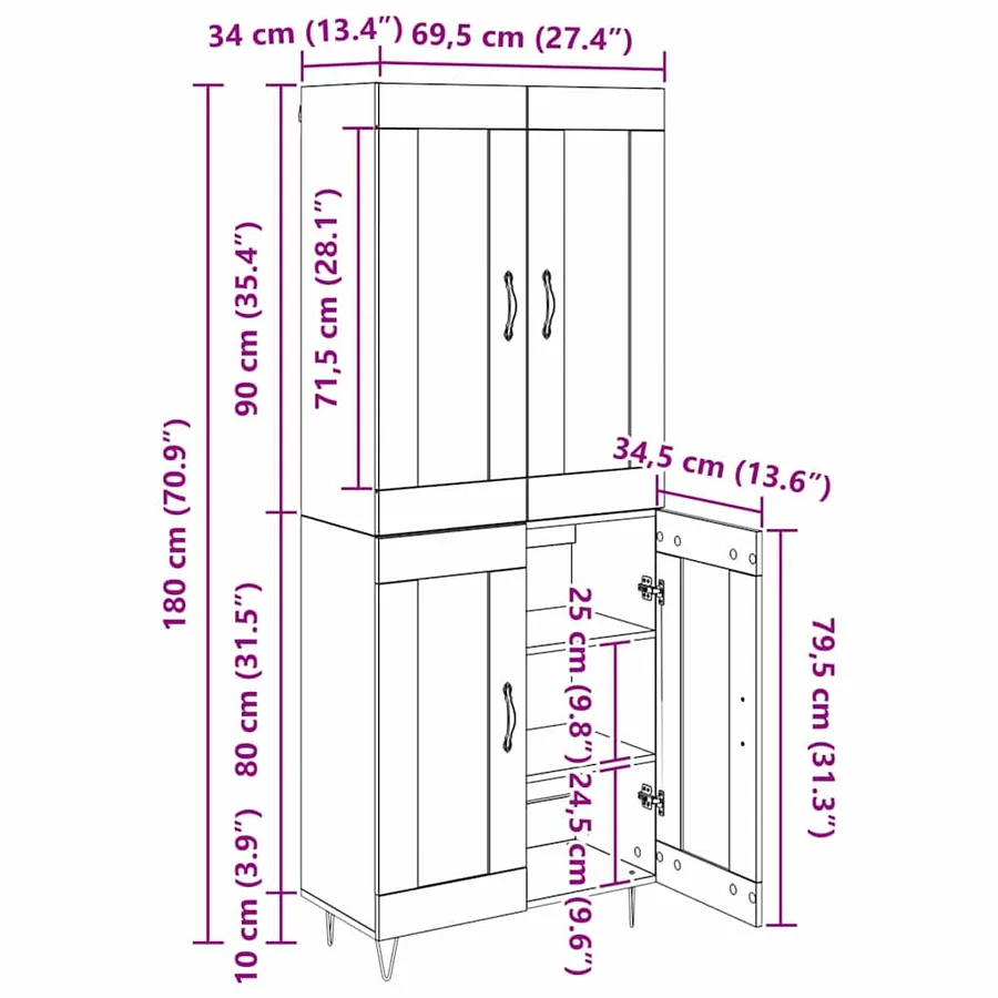 Haut Armoire Chêne noir 69,5 x 34 x 180 cm Bois d'ingénierie - 14