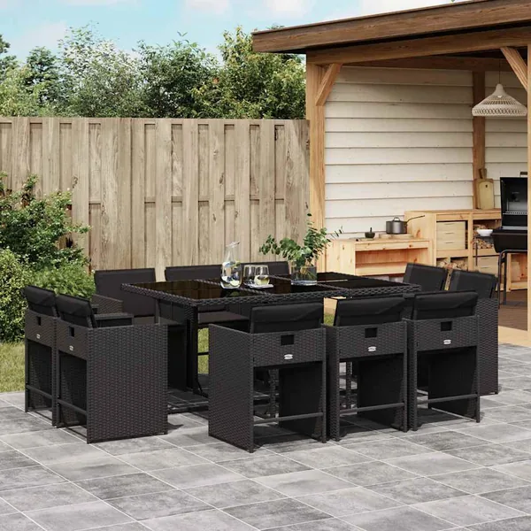 Ensemble à manger de jardin 11 pcs coussins noir résine tressée