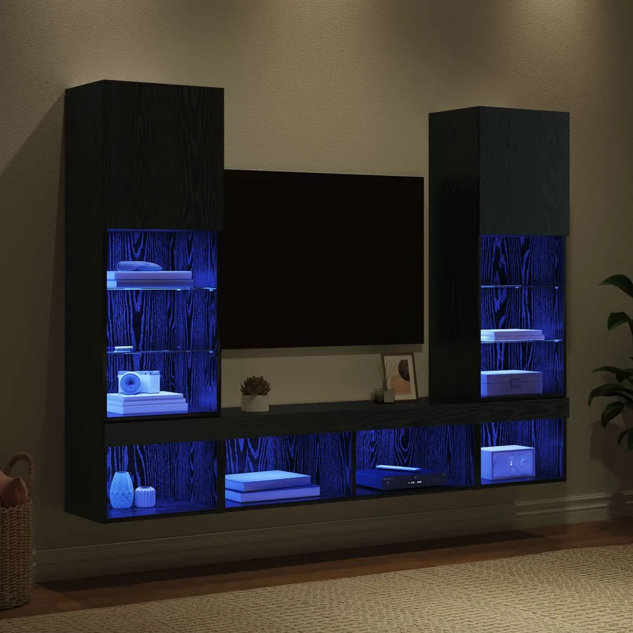 Unités murales TV avec LED 5 pcs 40,5 x 30 x 102 cm Chêne noir - 5
