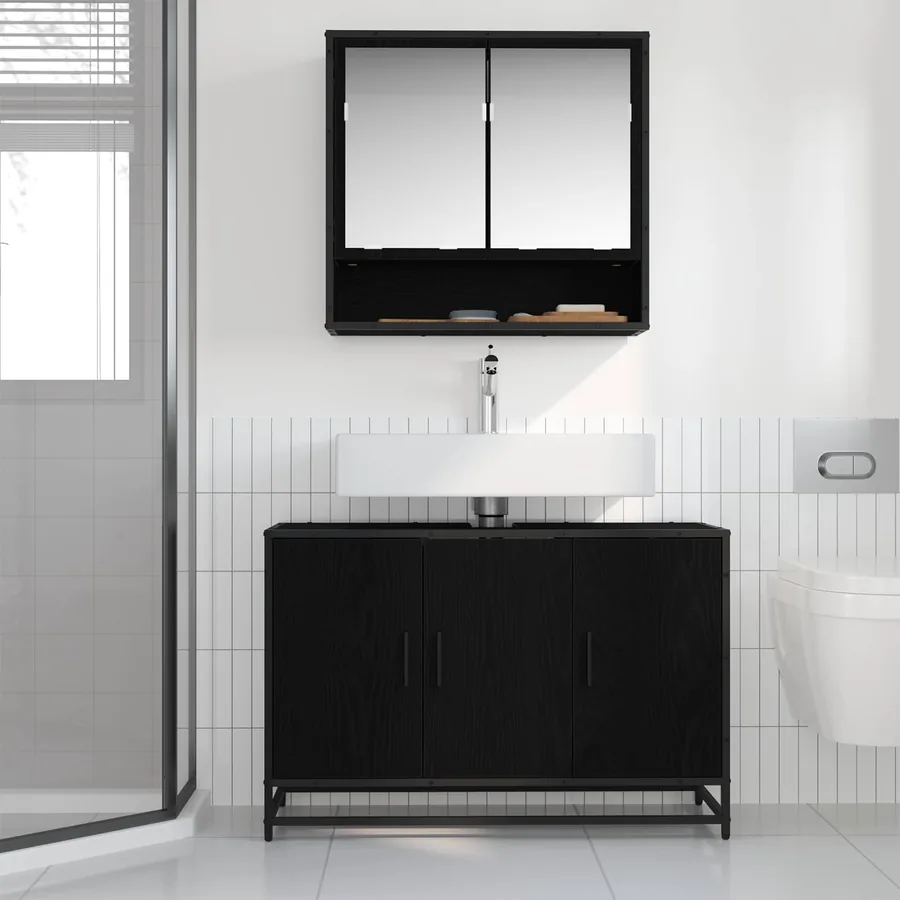 Cabinet de salle de bain avec porte Chêne noir 90 x 33 x 60 cm - 4
