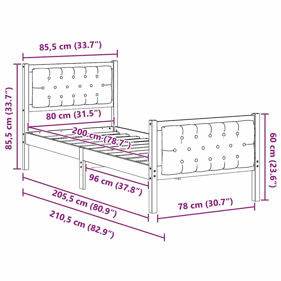 Cadre de lit avec tête de lit Gris foncé 80 x 200 cm Pin massif - 11