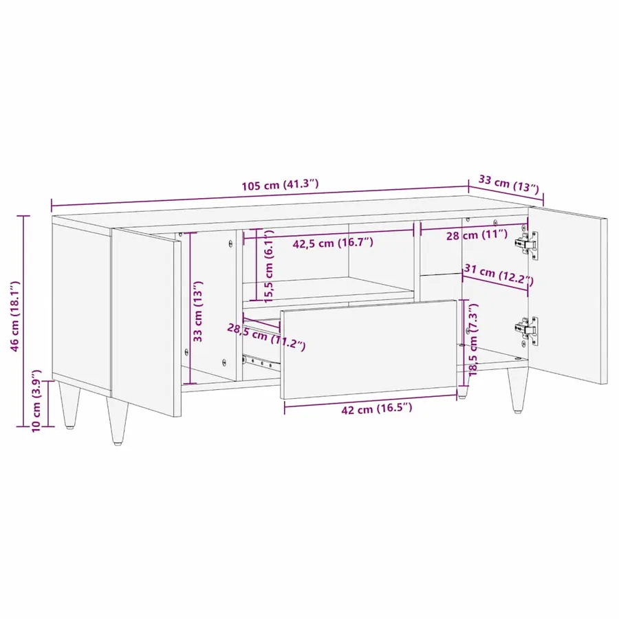 Meuble TV Noir 105 x 33 x 46 cm Bois de mangue massif - 11