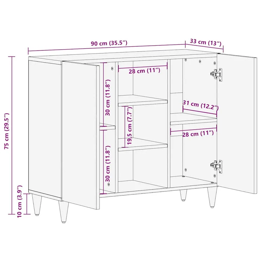 Buffet avec étagère Noir 90 x 33 x 75 cm Bois de mangue massif - 11