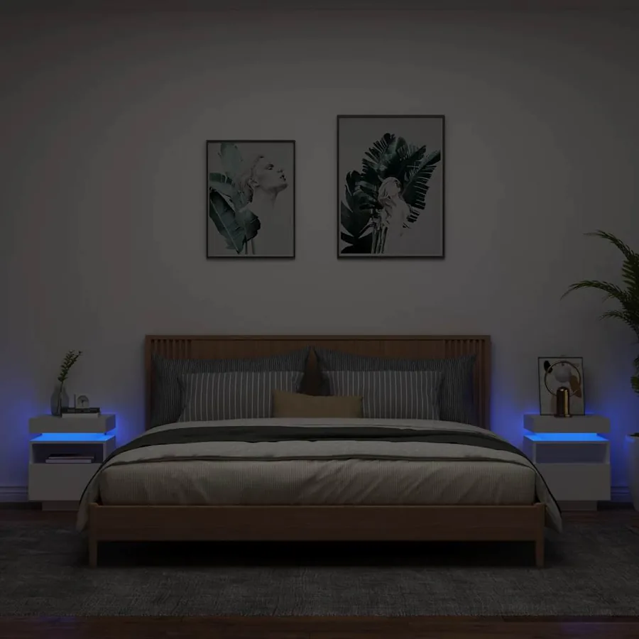 Armoires de chevet avec lumières LED 2 pcs blanc 40x39x48,5 cm